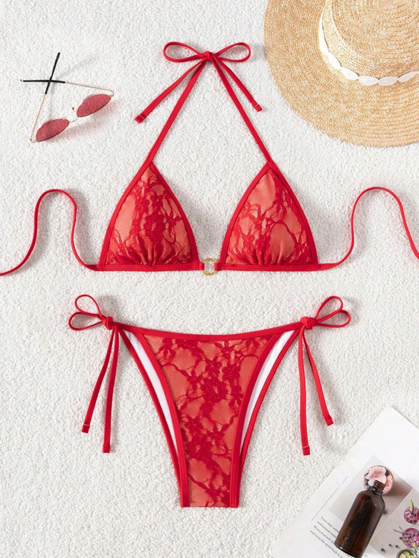 Red lace halter bikini swimwear