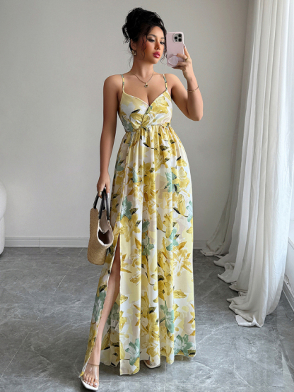 Fashionable and elegant suspender printed long dress-chiquechics