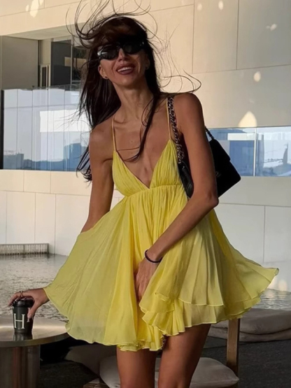 Sleeveless V-neck halter back short holiday dress-chiquechics