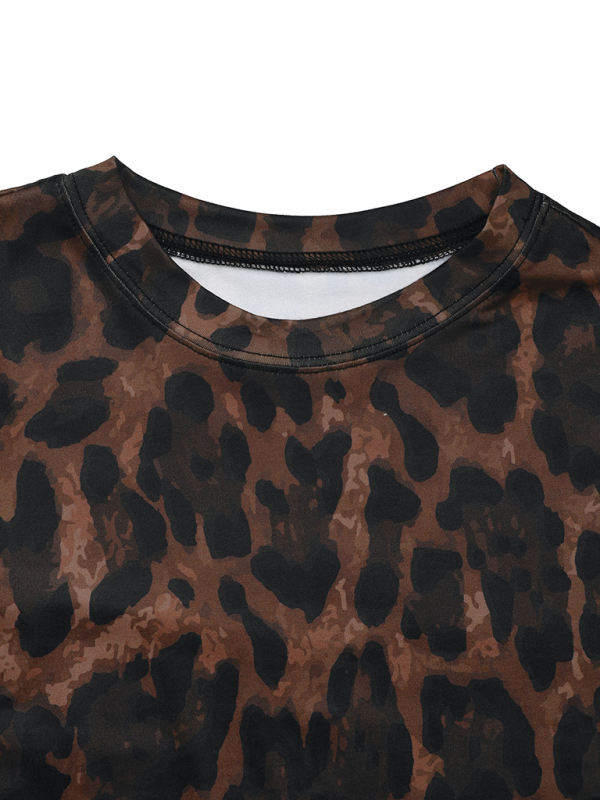 Women's round neck sexy hip-wrapped two-piece suit long sleeve leopard print slim fit slit sett-chiquechics