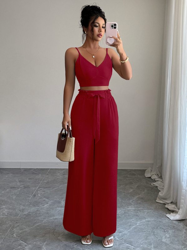 Burgundy suspender vest wide-leg pants two-piece  set-chiquechics