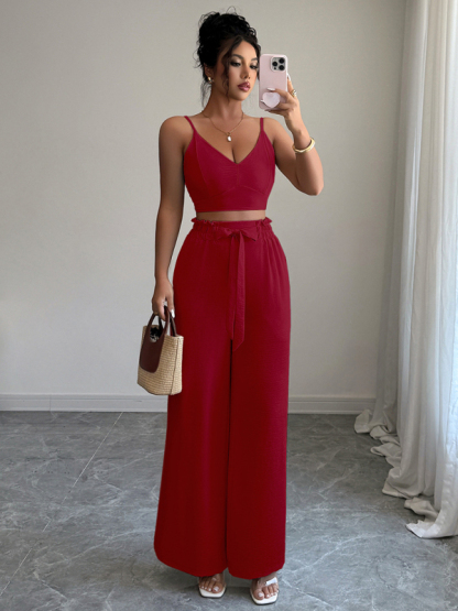 Burgundy suspender vest wide-leg pants two-piece  set-chiquechics