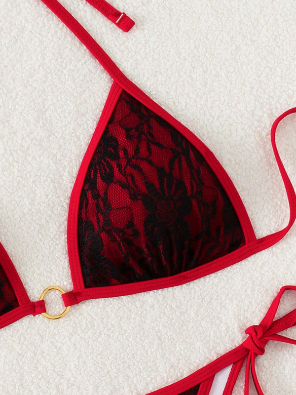 Black lace and red backless bikini swimwear-chiquechics
