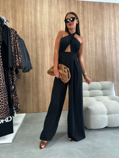 Solid color sleeveless off-shoulder sexy halter neck waist jumpsuit-chiquechics