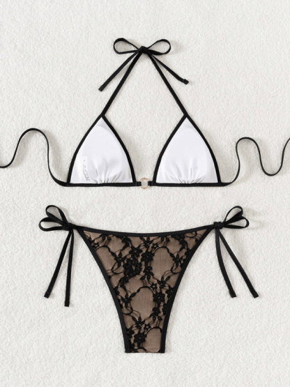 Black lace and nude backless bikini swimwear-chiquechics