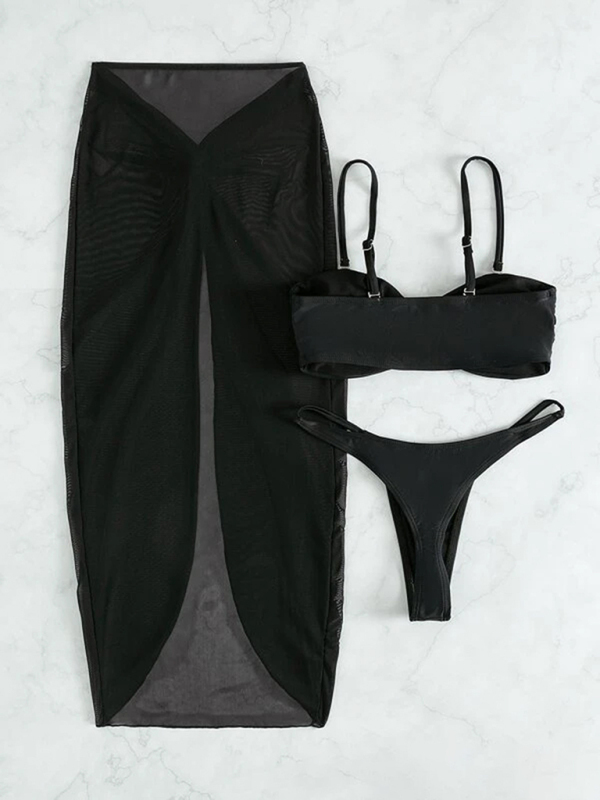 Swimsuit solid color three-piece bikini U-shaped decoration Swimsuit-chiquechics