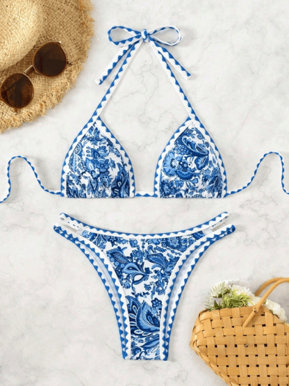 Blue Printed Halter Neck Sexy Bikini swimwear-chiquechics