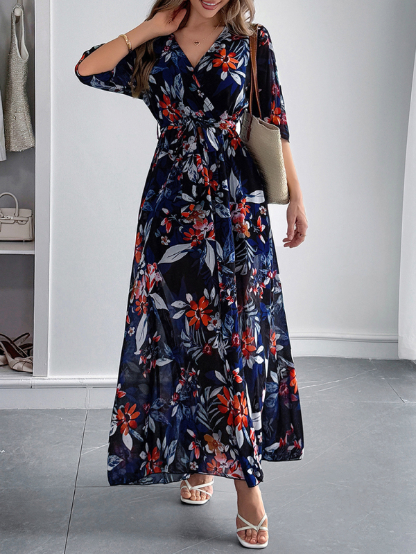 Holiday black printed tie maxi dress-chiquechics