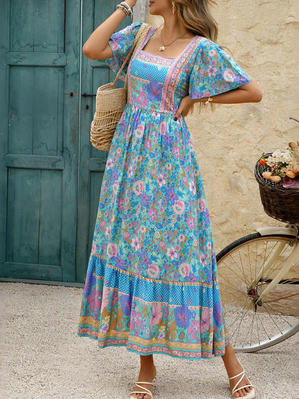 Holiday blue and pink floral print A-line maxi dress-chiquechics