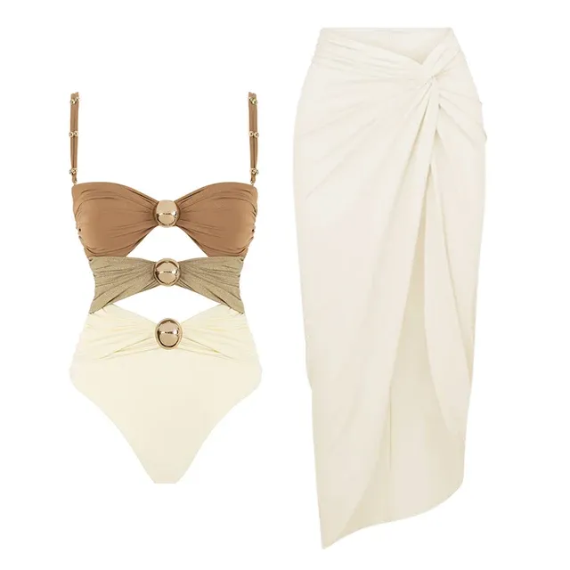 New Women‘s Swimsuit Buttons One Piece Sarong Swimwear 