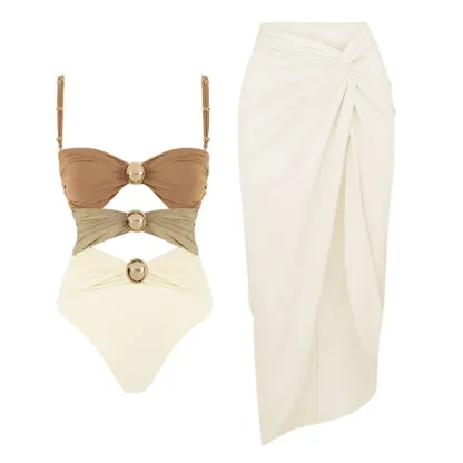 New Women‘s Swimsuit Buttons One Piece Sarong Swimwear 