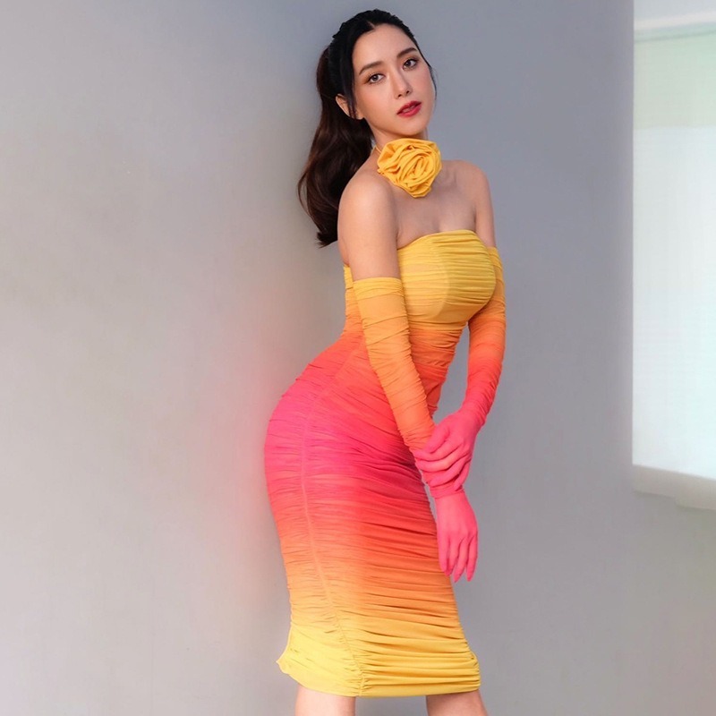 Gradient Ruched Longsleeve Strapless For Sexy Backless Off Shoulder Evening Dress Femme Outfits Set-chiquechics