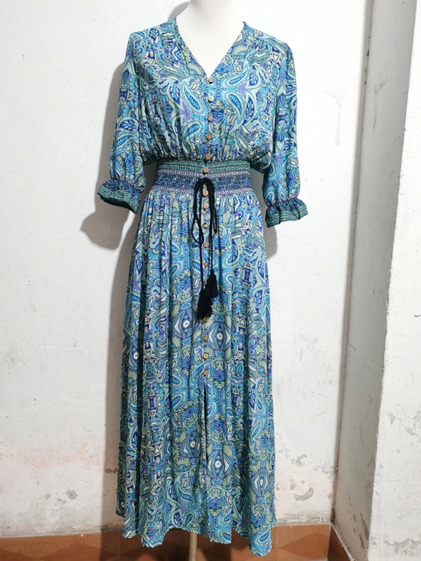 Three-quarter sleeve waisted Bohemian casual holiday beach dress-chiquechics