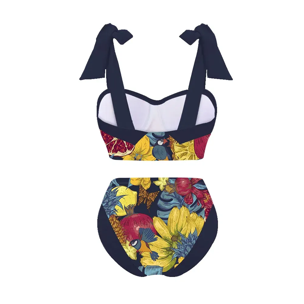 Women Split Swimsuit Retro Tropical Fruit Mixed Print 