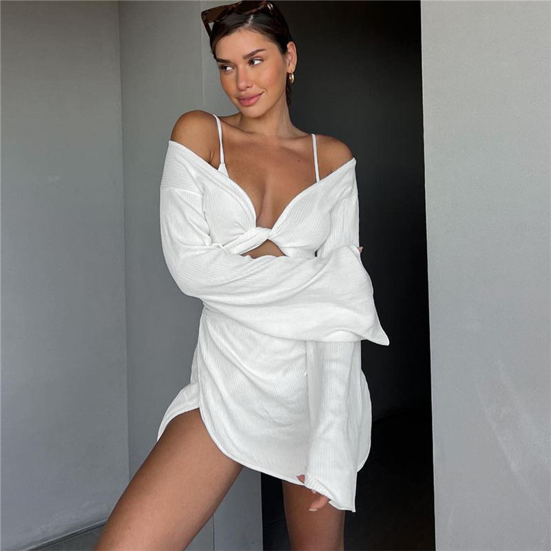 Autumn New Women's Fashion Long Sleeve V-Neck Open Navel T-shirt Slim Wrap Hip Skirt Set-chiquechics