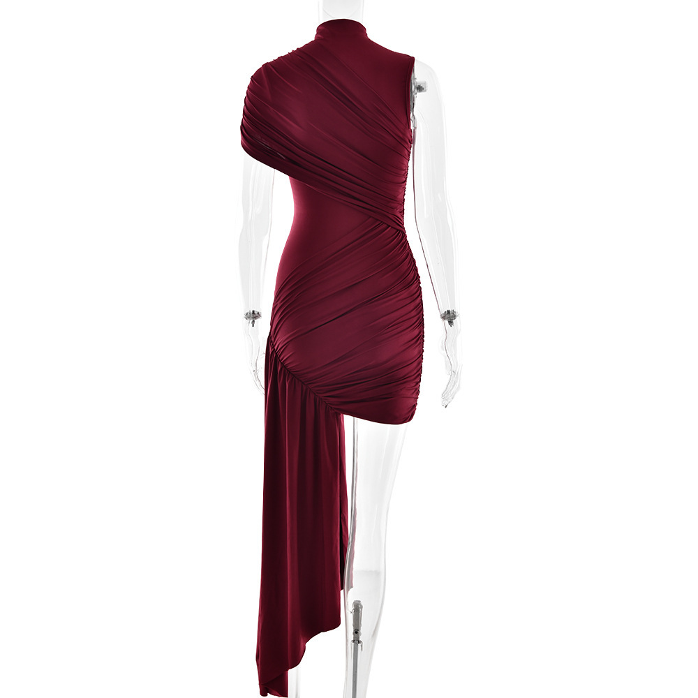European and American slim fit ribbon dress with round neck pleats irregular hips sleeveless dress-chiquechics