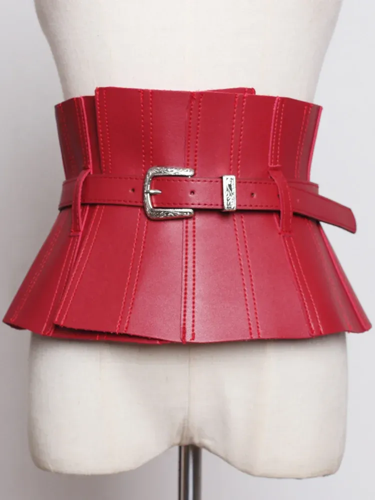 Ruffles PU Leather Cummerbunds Women Solid Color Waist Girdle Adjustable Wide Belts