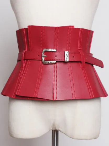 Ruffles PU Leather Cummerbunds Women Solid Color Waist Girdle Adjustable Wide Belts 