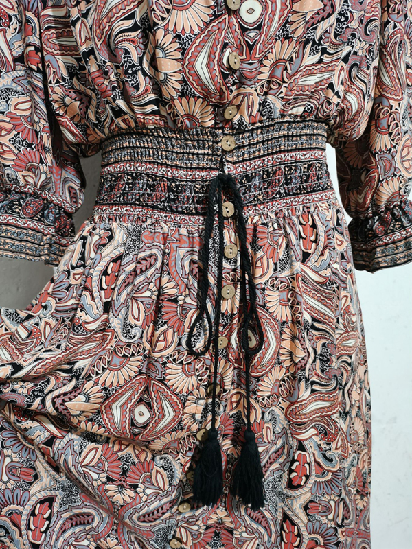 Three-quarter sleeve waisted Bohemian casual holiday beach dress-chiquechics