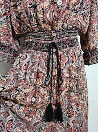 Three-quarter sleeve waisted Bohemian casual holiday beach dress-chiquechics