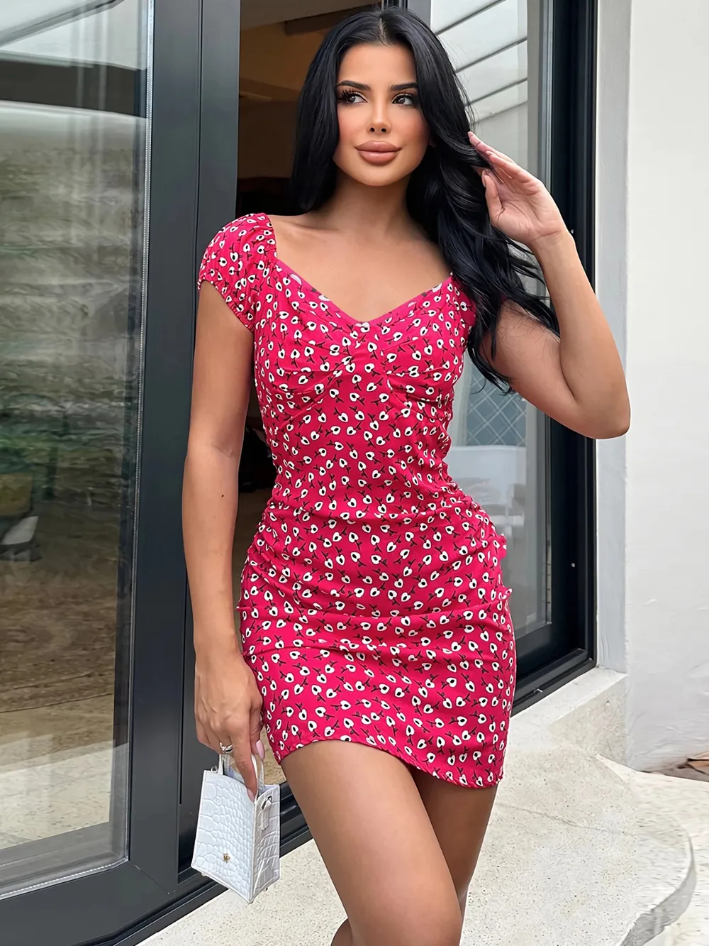 Printed V-Neck Short Sleeve Mini Dress-chiquechics