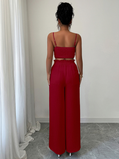 Burgundy suspender vest wide-leg pants two-piece  set-chiquechics