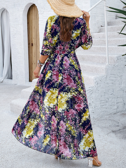 Holiday Royal Blue Printed Tie-Strap Maxi Dress-chiquechics