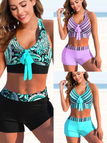 Bikini printed split swimsuit with flat angle stripes-chiquechics