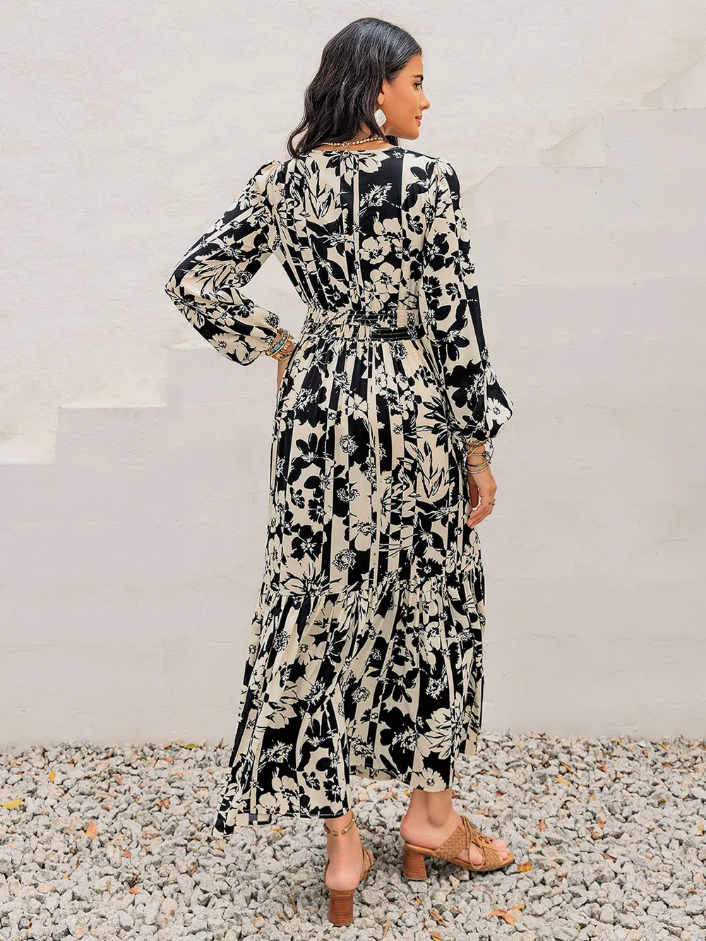 Smocked Printed Tie Neck Long Sleeve Dress-chiquechics