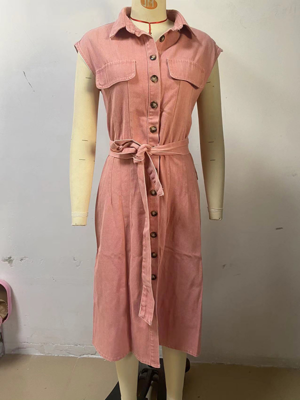 Fashion casual single breasted sleeveless denim dress-chiquechics