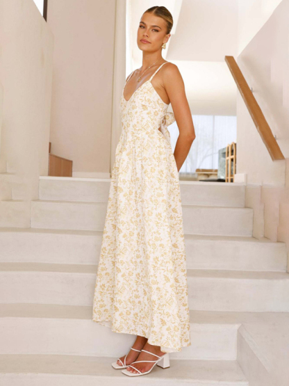 New V-neck waist holiday long dress sexy backless bow tie dress-chiquechics