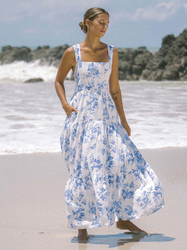 White and blue floral print bohemian holiday beach dress loose suspender dress-chiquechics