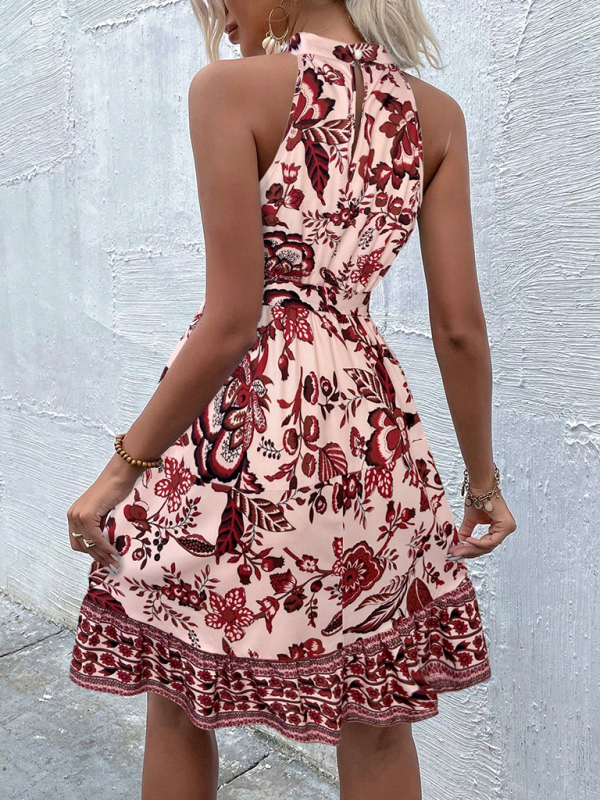 Fashion floral waist halter neck dress-chiquechics