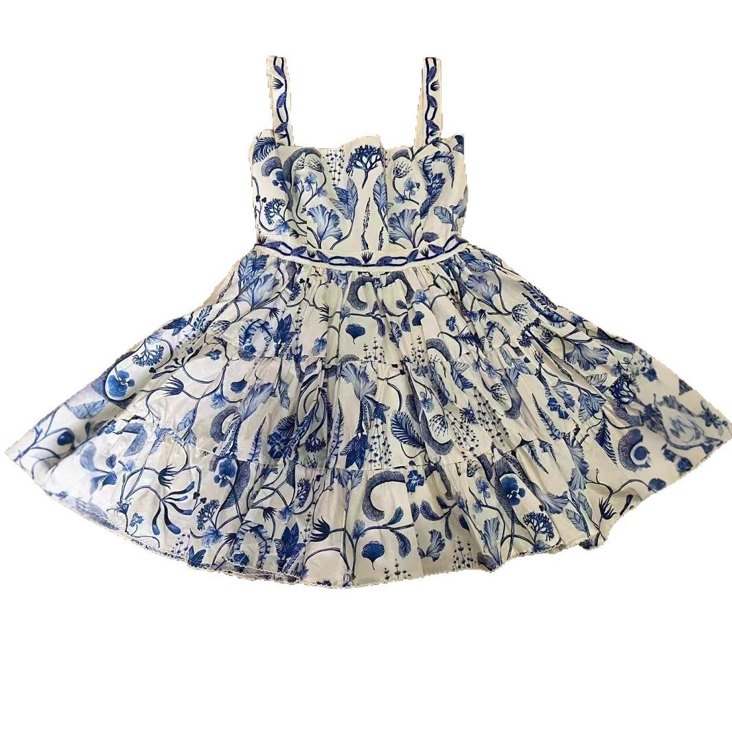 Strapless camisole retro blue print waist cinching short skirt dress for women-chiquechics