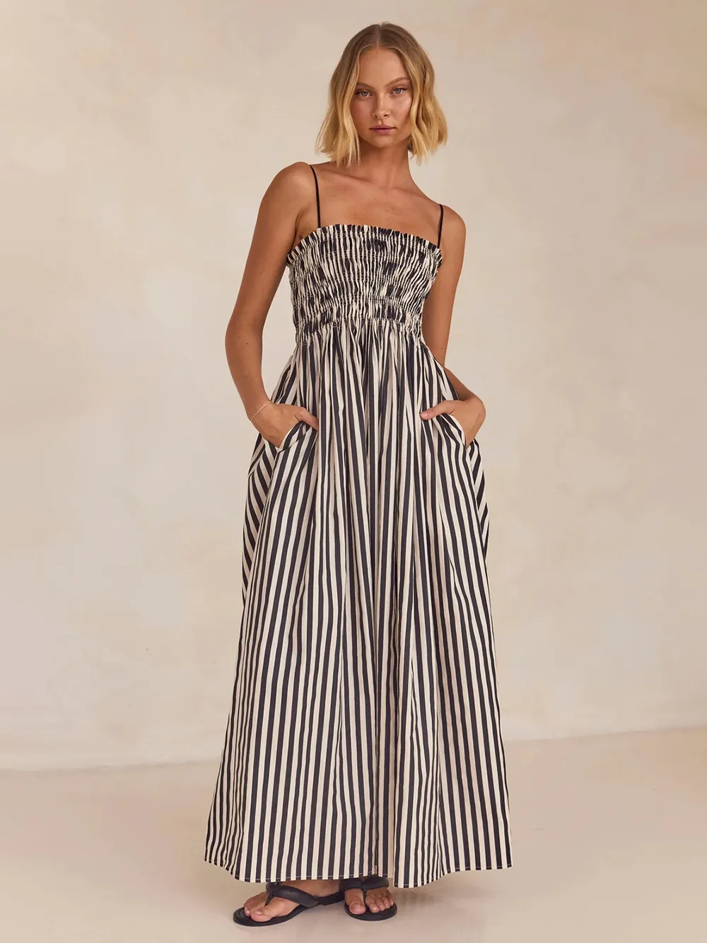 Smocked Striped Square Neck Cami Dress-chiquechics