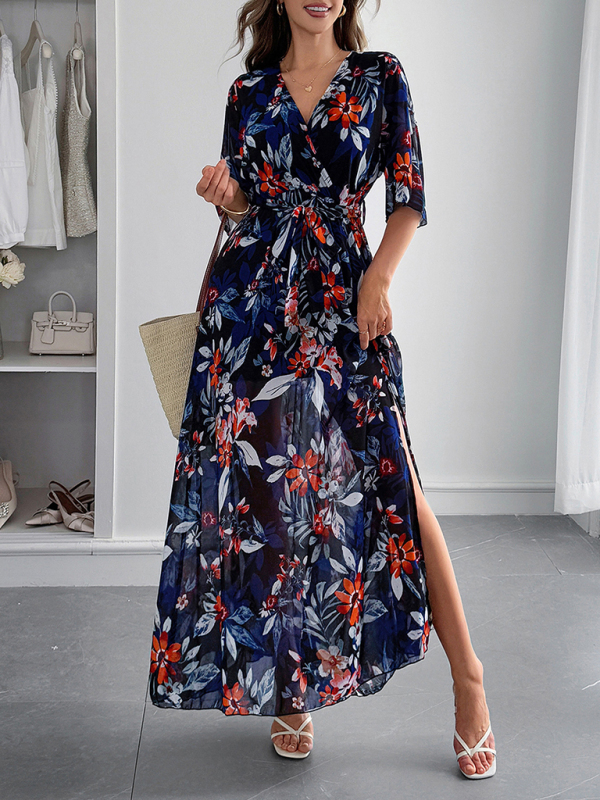 Holiday black printed tie maxi dress-chiquechics