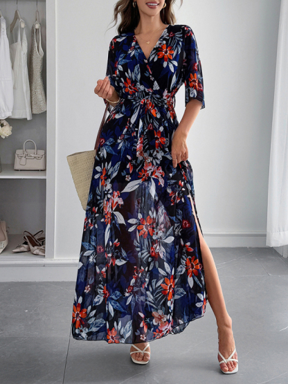 Holiday black printed tie maxi dress-chiquechics