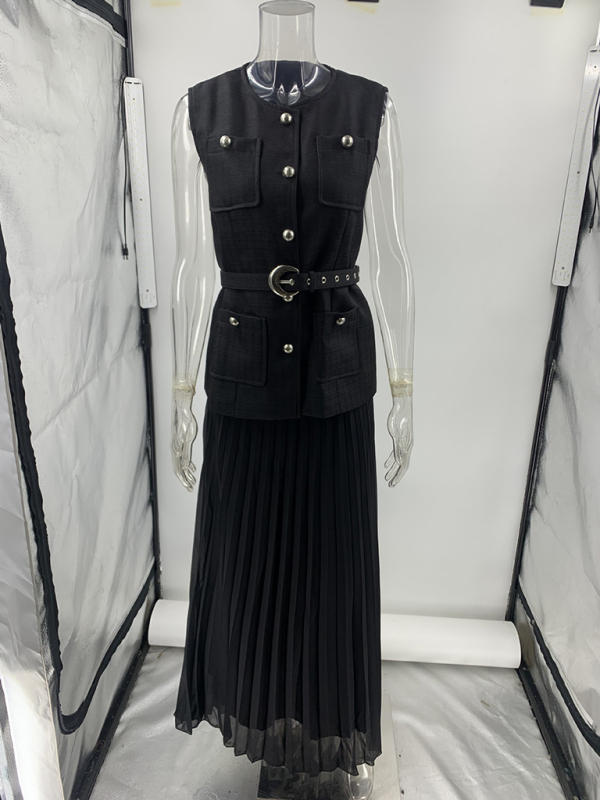 Sleeveless Chanel style vest vest mesh pleated skirt two-piece set-chiquechics