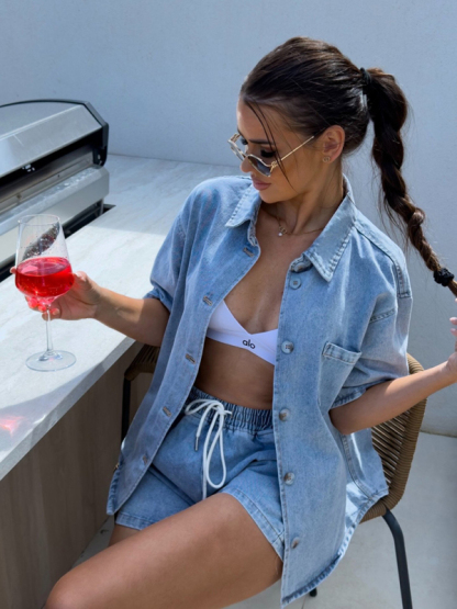 Casual loose short-sleeved shirt and denim shorts set-chiquechics
