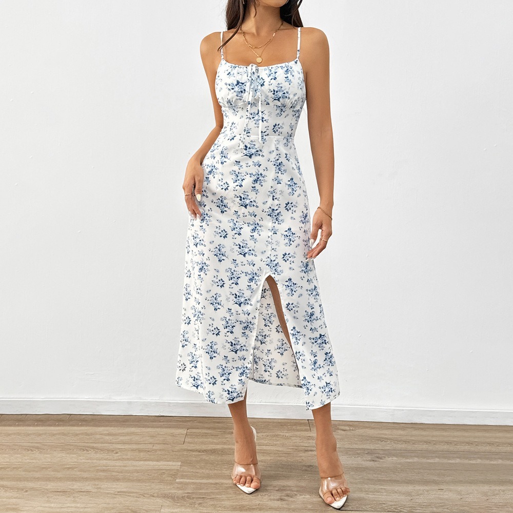 European and American fresh style camisole floral dress, summer new high waisted pullover A-line mid length skirt-chiquechics