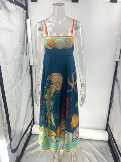 New holiday swing graffiti cotton and linen sleeveless suspender dress-chiquechics