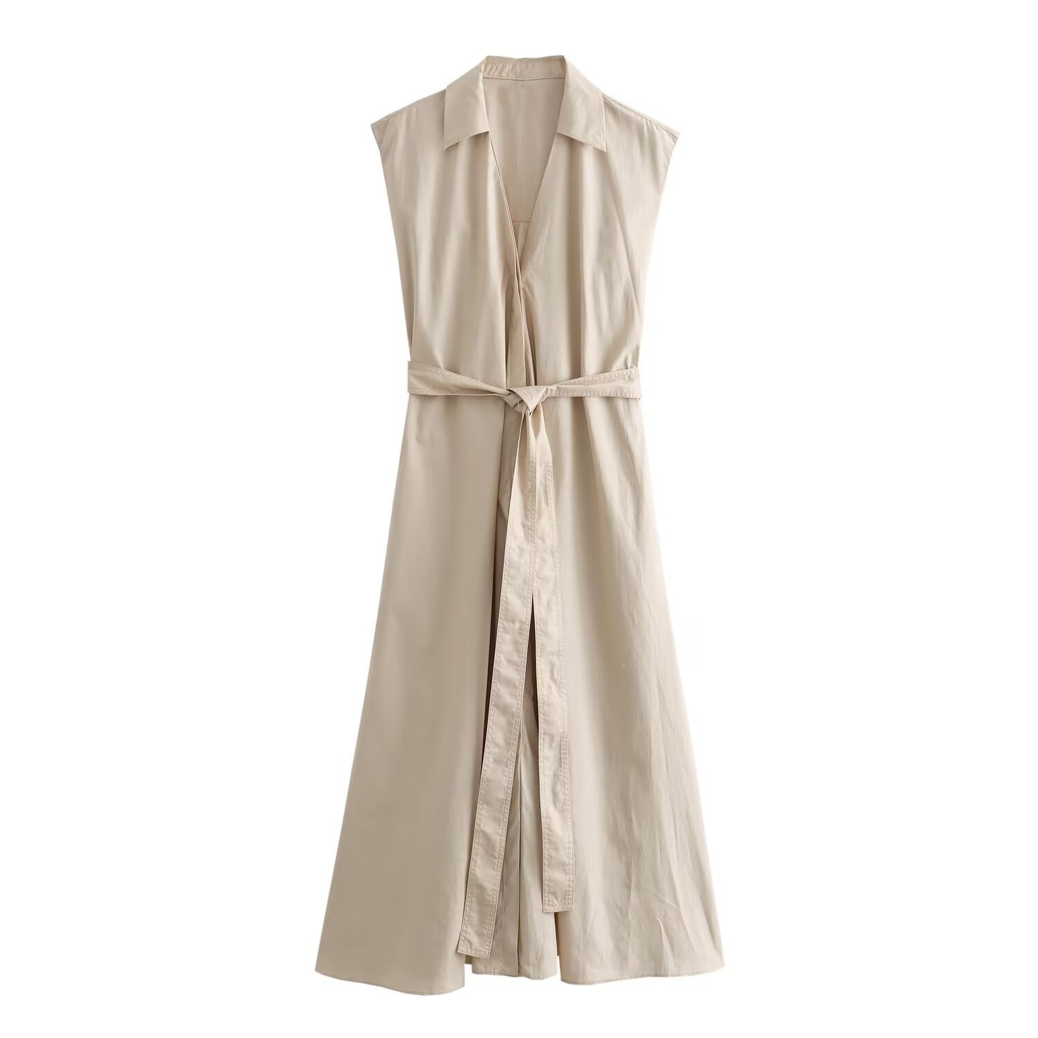 V-neck single breasted belt with pleated sleeveless shirt style dress for women-chiquechics
