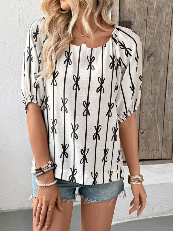 Sweet and simple puff sleeve square neck bow line shirt-chiquechics