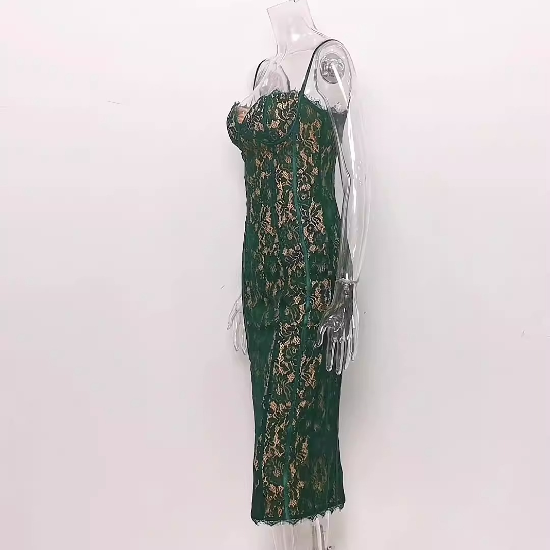 Women's Lace Suspended Dress Temperament Split Mid length Dress Slim Fit Open Back European and American Dress-chiquechics