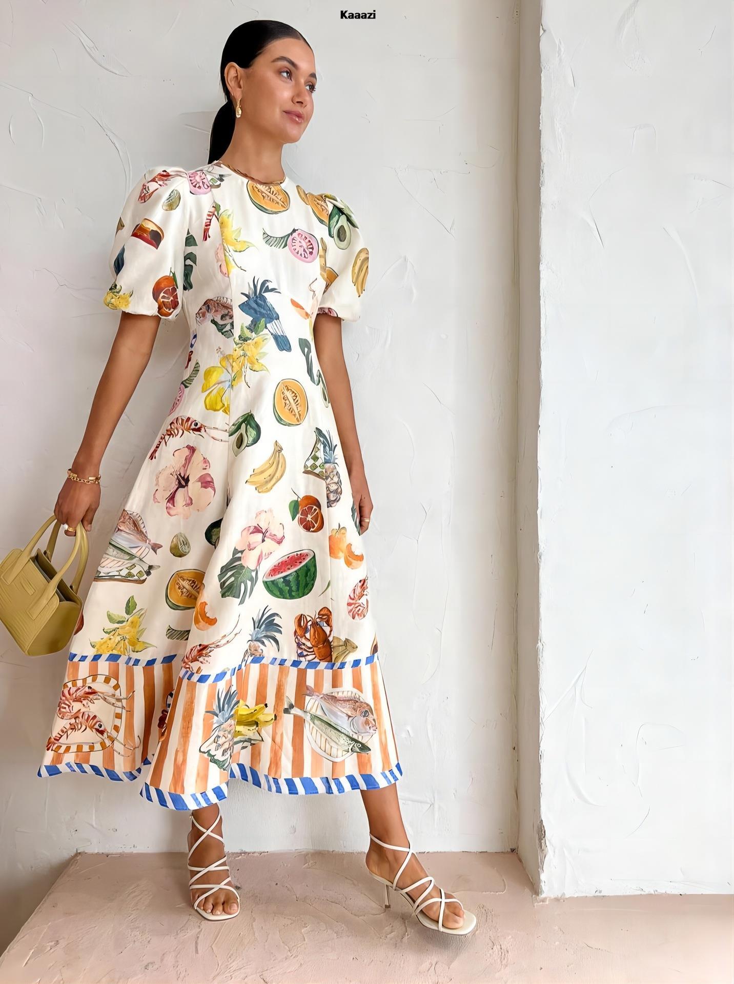 Short Sleeve Fashion Vintage Print Maxi Dress Casual Summer Round Neck Puff Sleeve Loose Women Long Dress Slim Fit Elegant Robe-chiquechics