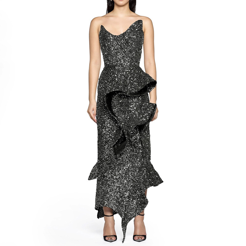 Strapless long skirt with lotus leaf hem party dress-chiquechics