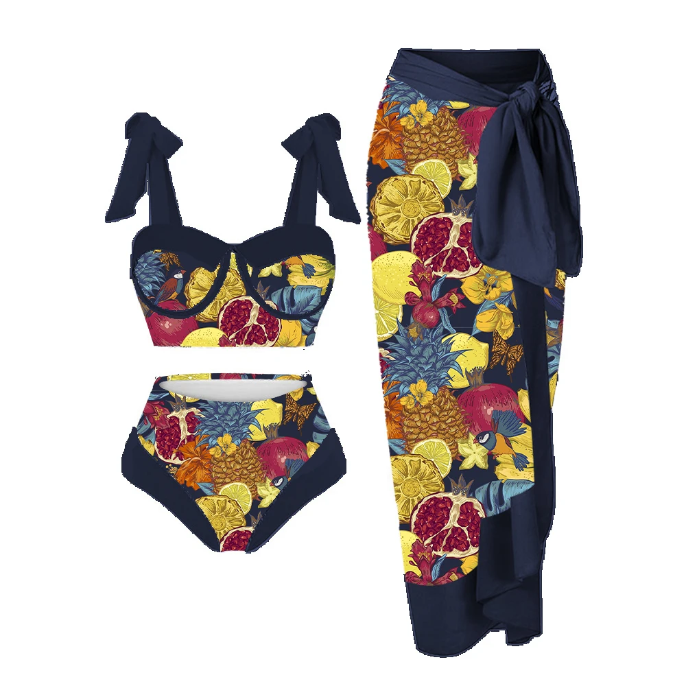 Women Split Swimsuit Retro Tropical Fruit Mixed Print 