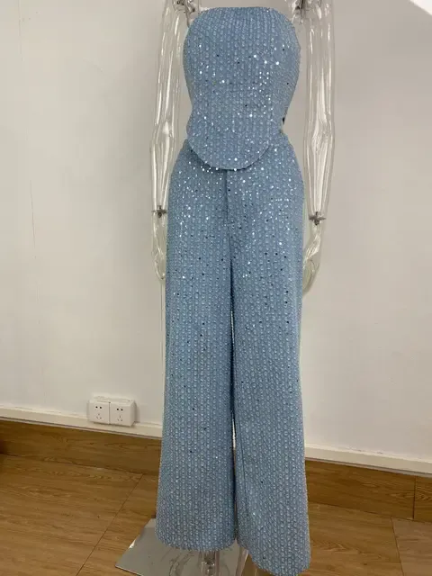 New Arrival Spring and Summer Cross-border Women's Sexy Denim Sequins Slim Fit Tube Top Wide-leg Pants-chiquechics