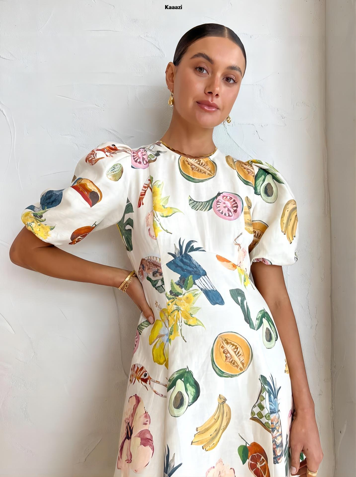 Short Sleeve Fashion Vintage Print Maxi Dress Casual Summer Round Neck Puff Sleeve Loose Women Long Dress Slim Fit Elegant Robe-chiquechics
