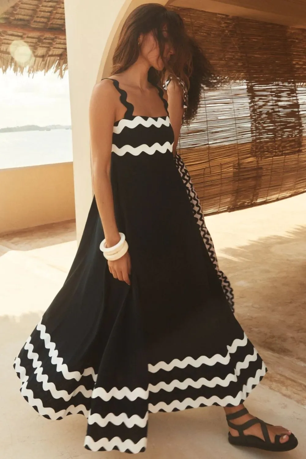 Contrast Trim Square Neck Wide Strap Dress-chiquechics